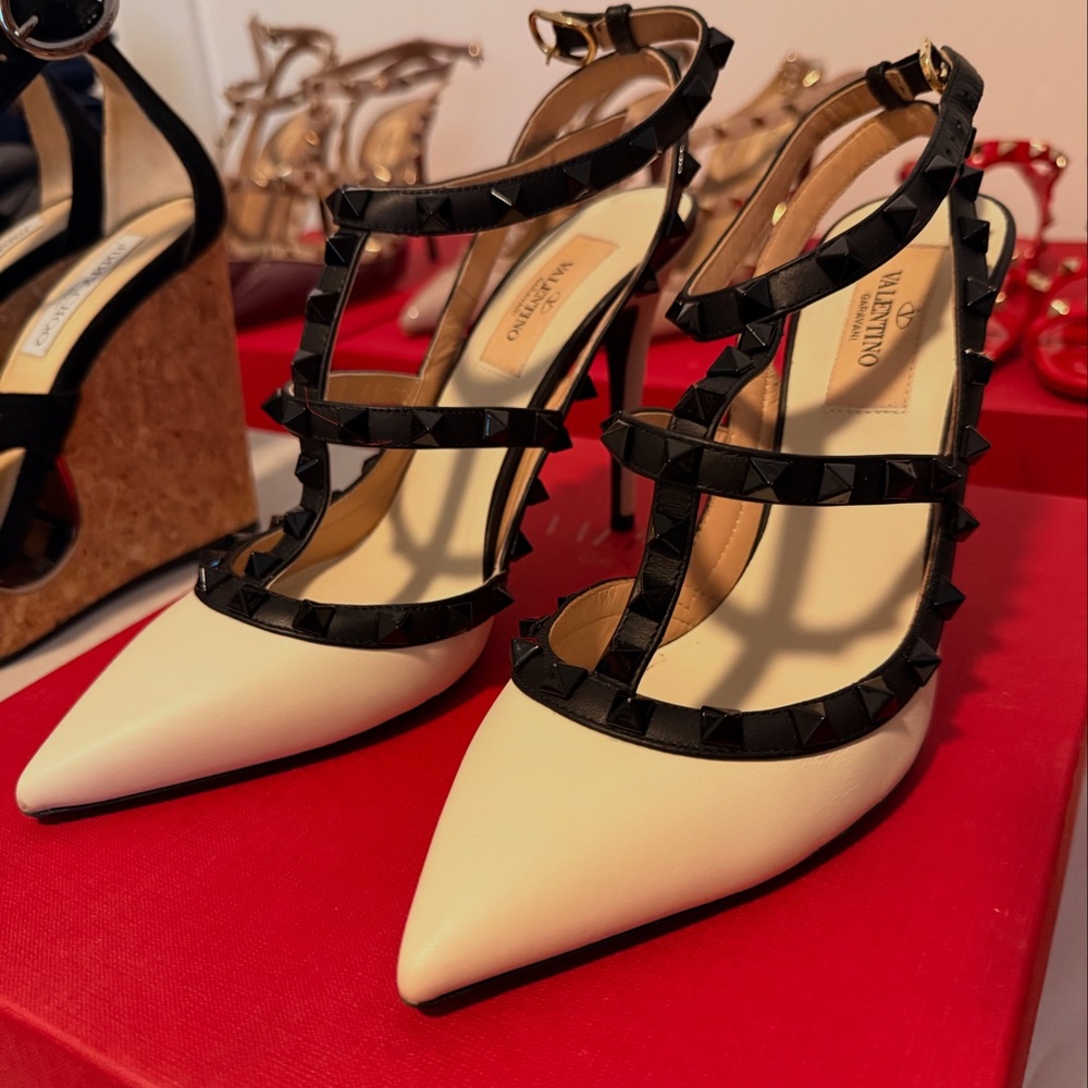 Valentino Women's Cream and Black Studded Heels